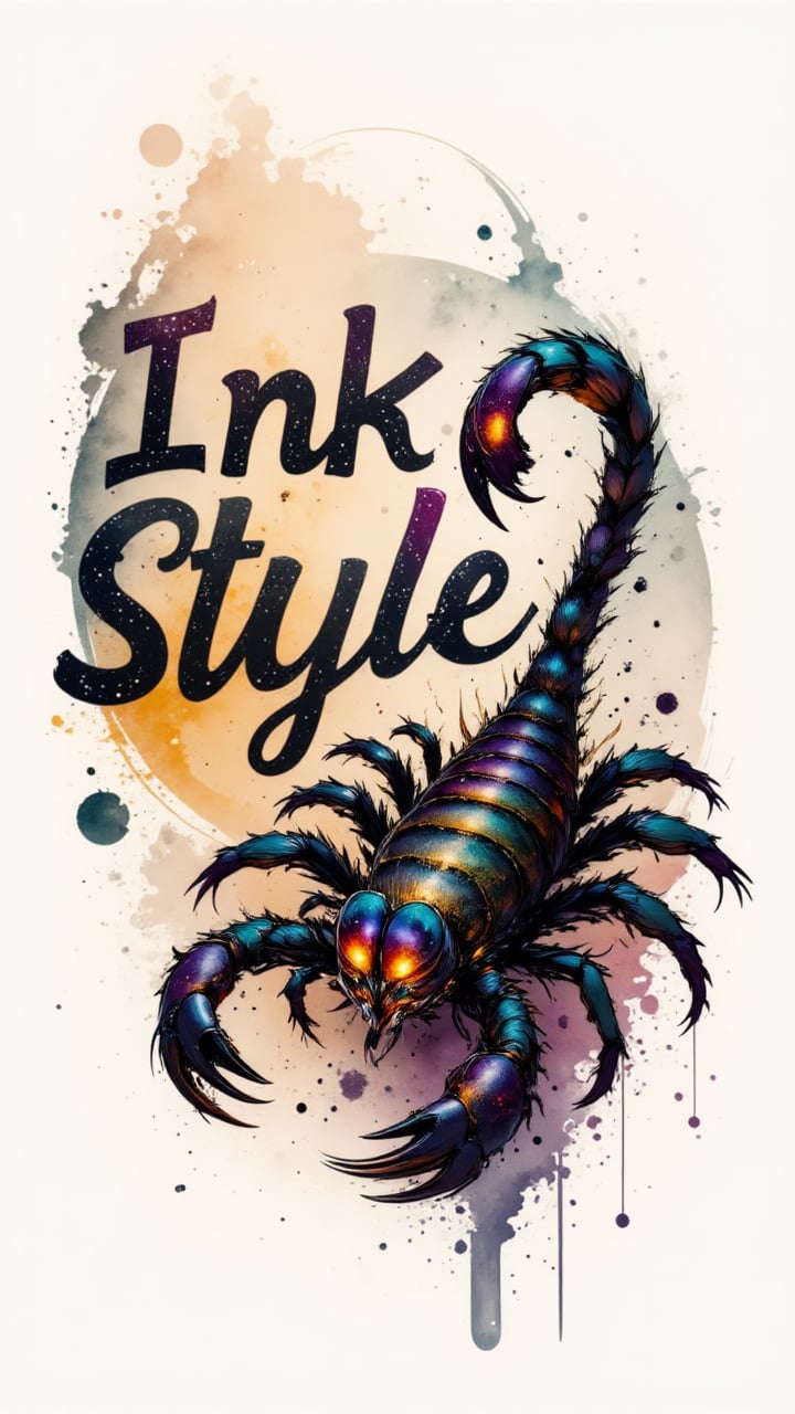 huge Colorfull sign with text:"Ink Style", gorgeous Scorpion, soft focus, Offset print, cute, aidmainkstyle