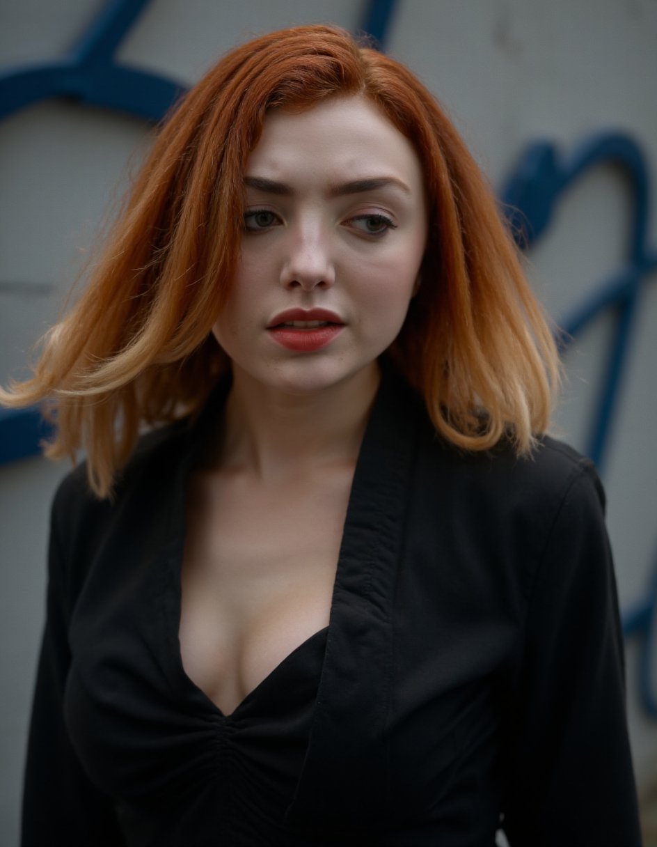 This image is a photograph featuring a woman with striking red hair styled in voluminous, curly waves. She has fair skin and a strong, defined jawline. Her lips are painted a deep, bold red, matching her hair, and she wears dark, smoky eye makeup, emphasizing her eyes. She is dressed in a black, form-fitting top with a deep neckline, which accentuates her collarbone and chest. Over her top, she wears a black blazer that adds a touch of sophistication to her outfit. The background is slightly blurred, suggesting an outdoor setting, possibly an urban area, with indistinct shapes and shades of grey and blue, hinting at a cityscape. The lighting is natural, likely sunlight, casting soft shadows and highlighting the texture of her hair and the contours of her face. The overall mood of the photograph is elegant and slightly mysterious, capturing a moment of intense focus or contemplation. The photograph is likely taken in the 21st century, with the woman's attire and makeup style suggesting a modern, chic look.,,Peyton List,  <lora:Peyton_List_Flux_V1-000005:1>