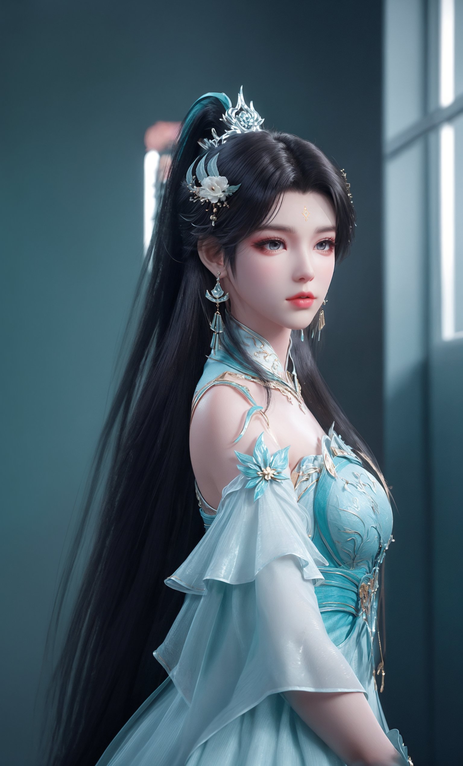 (Solid background:1.2),masterpiece,(best quality),official art,extremely detailed cg 8k wallpaper,(extremely delicate and beautiful),portrait,solo,realistic,photo_\(medium\),chinese clothing,cyan skirt,cyan dress,earrings,jewelry,detached sleeves,earrings,bare shoulders,solo,),adfxx0.75NOST4,1girl,solo,long hair,ponytail,hair bun,black hair,hair ornament,forehead mark,<lora:xuner_douzong-8:0.7>,adfxx,