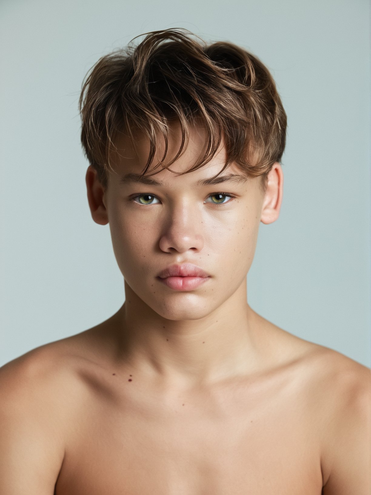 score_9, score_8_up, score_7_up, solo, photo, <lora:NG(n4tang0ldmann)SDXL:1> (n4tang0ldmann), teen boy, model, full thick lips, solo, realistic, brown hair, looking at viewer, simple background, short hair, lips, upper body, grey background, collarbone, mole, freckles, realistic, hyper detailed photorealistic life-like accurate proportional 8k sharp focus, accurate cinematic lighting, photorealistic detail, uncensored, full body shot 