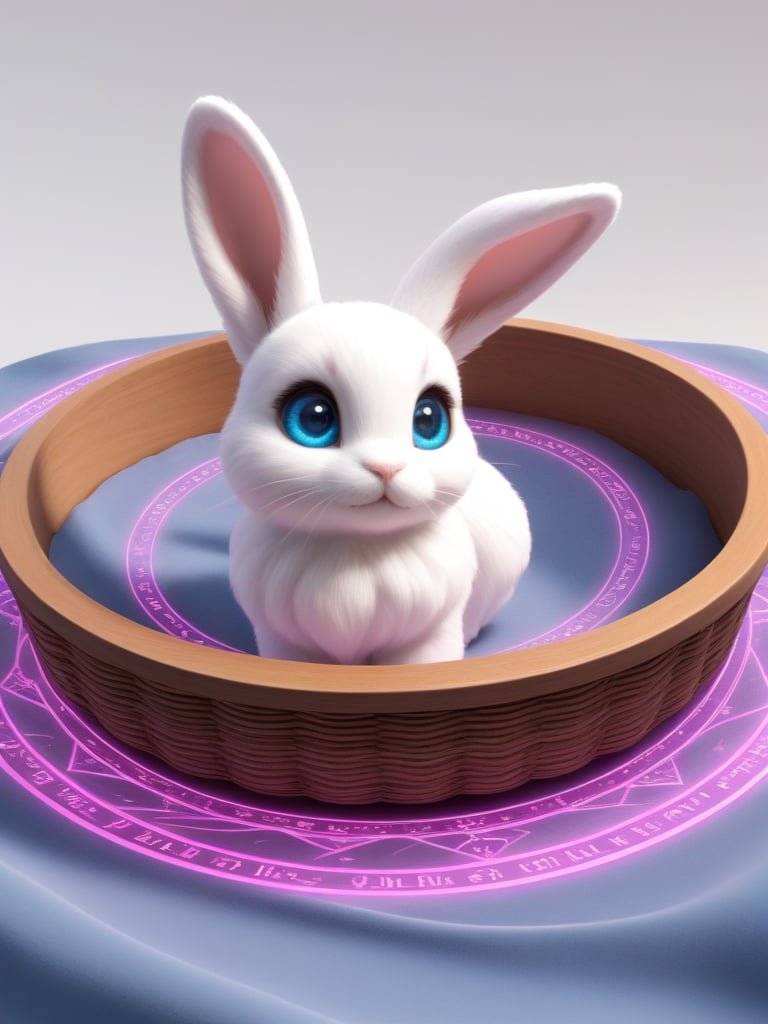 intricate detail, cinematic, render, detailed eyes, large eyes, realistic, 3d fluffy, closeup, cute and adorable,fluffy (bunny rabit:1.2), in a blanket, basket,magic circle, magical, magic array,no humans,