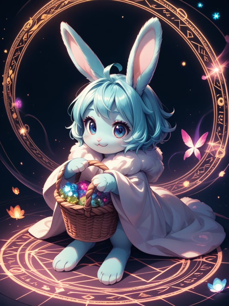 score_9, score_8_up, score_8,highly detailed, intricate, beautiful aesthetic,vibrant, extreme contrast, raytracing, dark colors, cute and adorable,fluffy (bunny rabit:1.2), in a blanket, basket,magic circle, magic array,no humans,