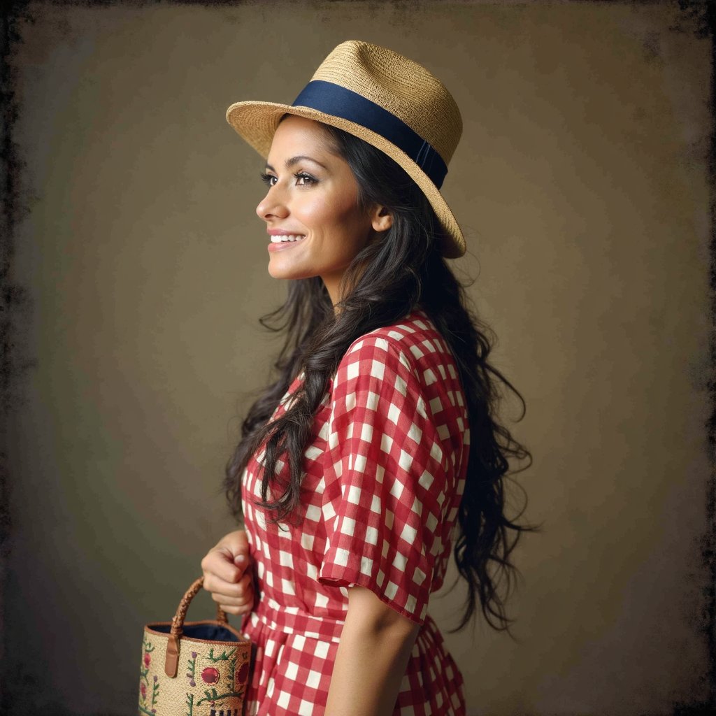 A ultra sharp portrait of sarahshahi, captured in a side profile. She wears a straw hat with a blue band and a red and white checkered dress. Her long, braided hair flows down her back. She holds a woven handbag with a pattern of small, colorful beads. The background is a muted brown, contrasting with the woman's vibrant clothing. The image has a vintage aesthetic, emphasizing the textures and colors of her clothing and accessories.