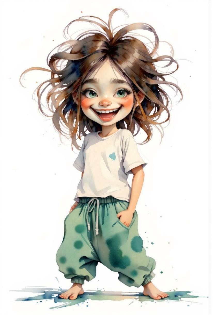 A watercolor painting of a happy young girl with long,  messy hair. She is wearing a white t-shirt and green pants with a...