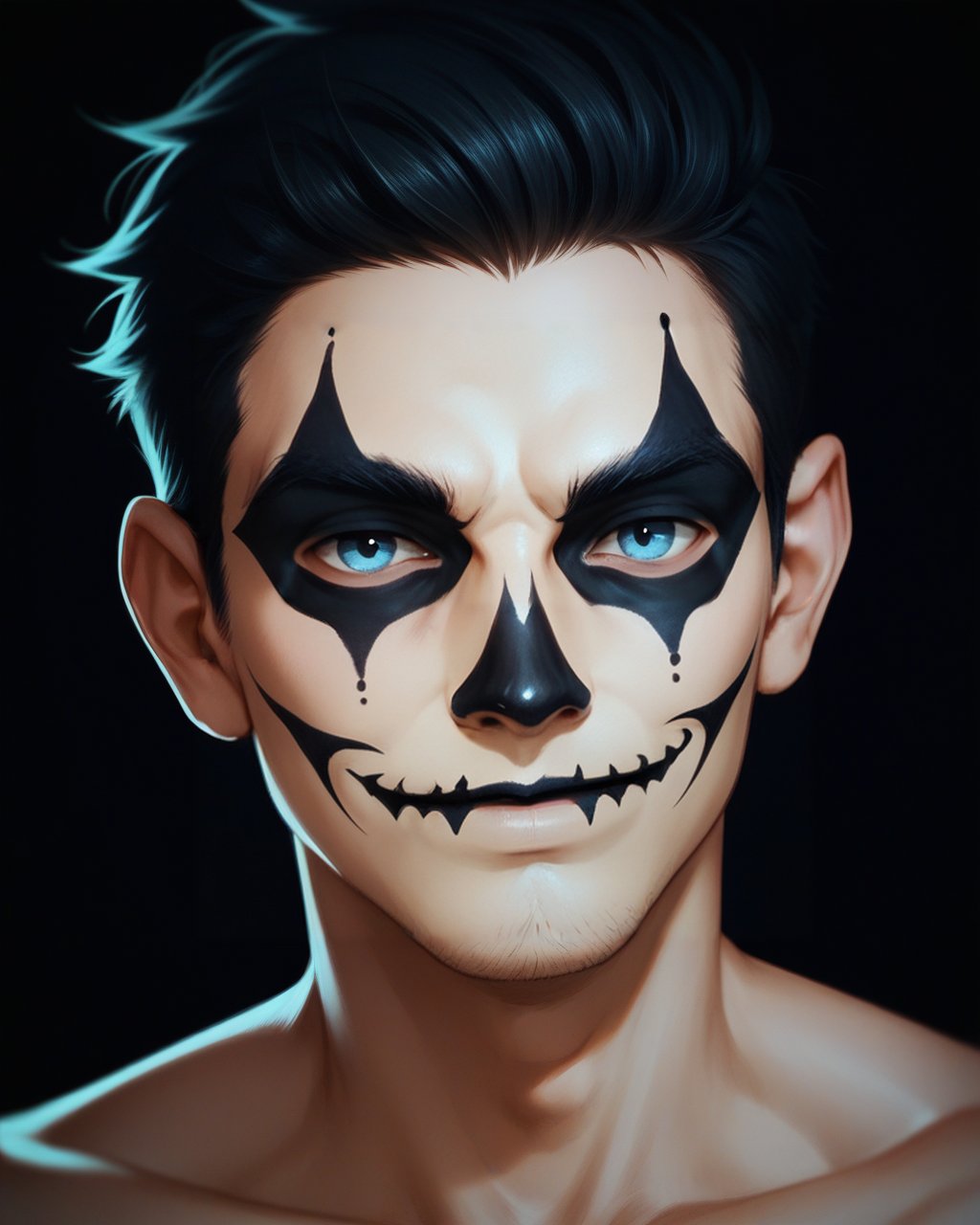 score_9_up, score_8_up, score_7_up, halloween makeup, 1boy, solo, male focus, black hair, looking at viewer, black background, smile, portrait, facepaint, blue eyes, <lora:NeoNi_HMUP:0.7>