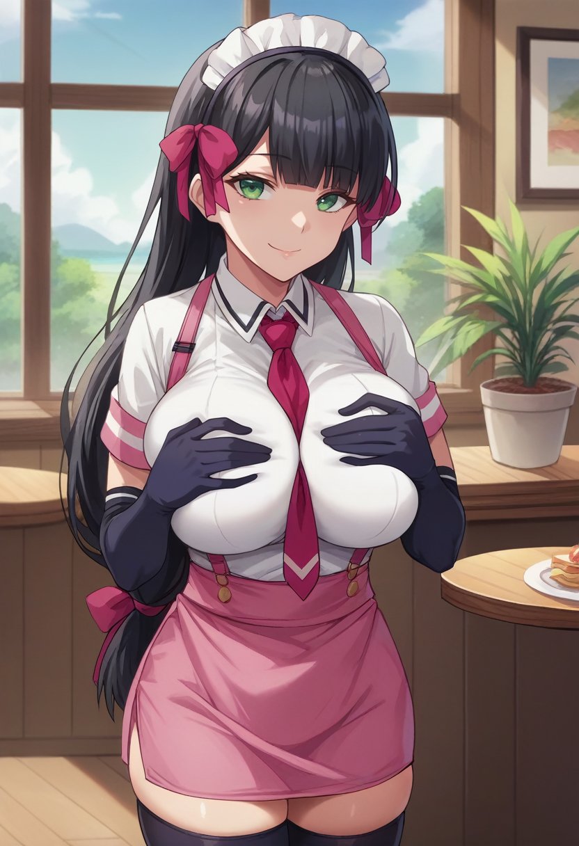 solo, <lora:maidAkiha-10:1> AkihaMaid, blackhair, long hair, low-tied long hair, blunt bangs,  green eyes, large breasts,  voluptuous, pink ribbon,  hair ribbon, maid headdress,  white shirt, pink suspenders, elbow gloves, black gloves, miniskirt, pink skirt, pink necktie, pink apron,  between breasts, black thighhighs, skindentation, (looking at viewer, smile, smug),(breasts squeezed together, grabbing own breast), (scenery, plant, food, window, potted plant, indoors, cafe, restaurant), 16k, masterpiece, absurdes, highly detailed, highres, high quality, best quality, score_9, score_8_up, score_7_up, score_6_up, source_anime, anime screencap, anime colouring, cel shading, shiny, shiny skin, shiny hair, looking at viewer, portrait, upper body