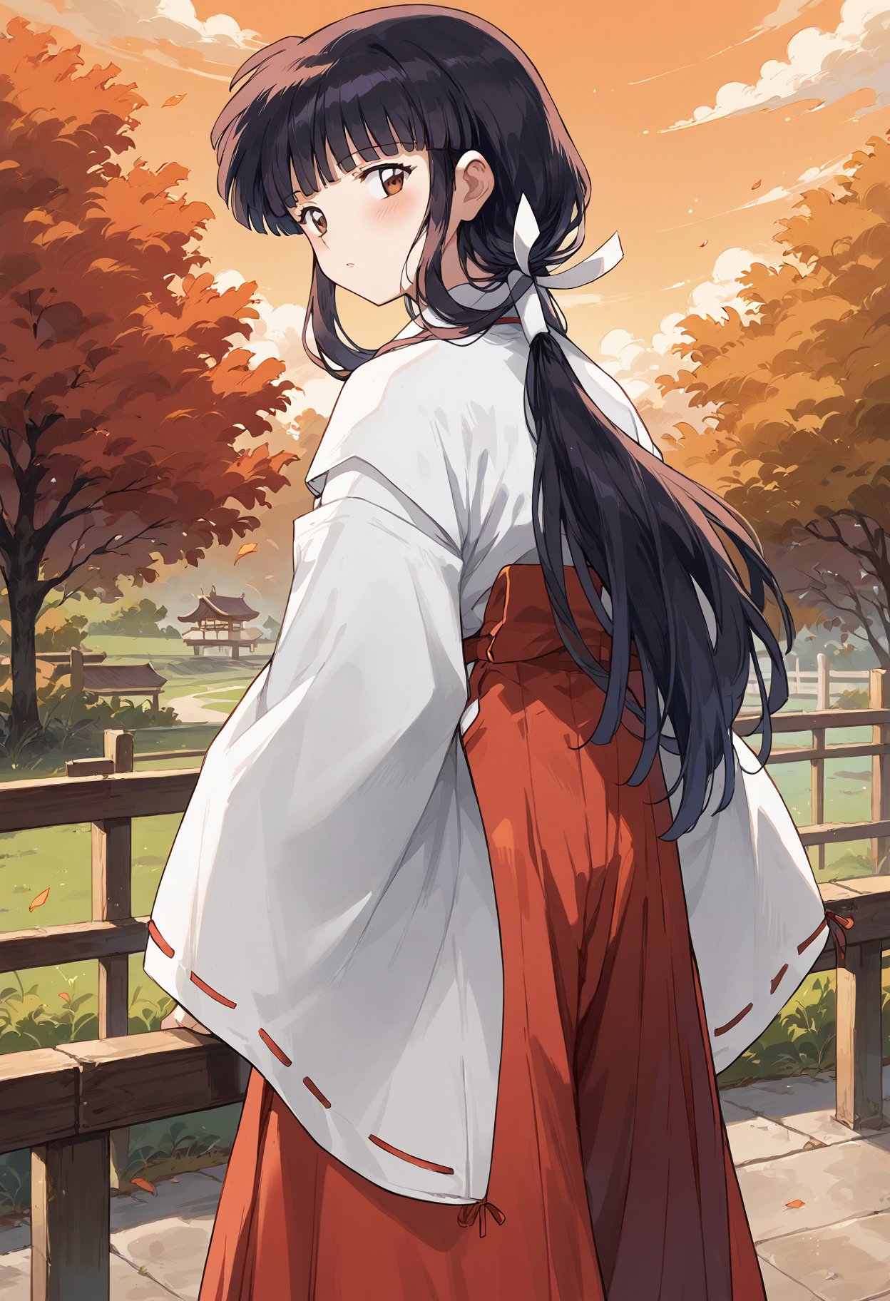 score_9, score_8_up, score_7_up, , score_ANIME, <lora:kikyo_inuyasha_pony:1>kikyoinu, miko, 1girl, japanese clothes, solo, , black hair, red hakama, brown eyes, wide sleeves, hair ribbon, long hair, blunt bangs, sidelocks, long sleeves, standing, looking back,  from behind, low ponytail,  orange sky,  sunset, maple leaf,  cowboy shot,    maple tree,  fence, 