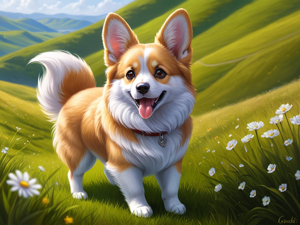 score_9,score_8_up,score_7_up,lots of small parts, ultra detailed,realism, realistic, Solo, fluffy corgi, large eyes, detailed eyes, detailed fur, fluffy, soft, adorable, the goodist of boys,happy, super cute, ultra-adorable, short grass, flowing hills, lots of hills, windy, love,