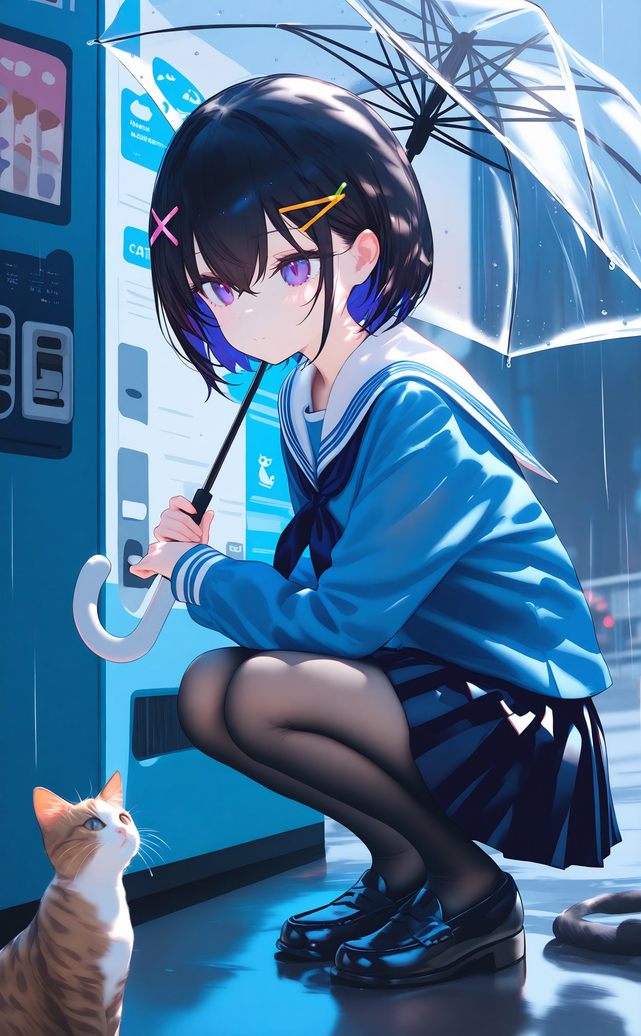 masterpiece,best quality,high quality,(colorful),loli,1girl,transparent,school uniform,rain,umbrella,cat,hair ornament,pantyhose,squatting,skirt,transparent umbrella,serafuku,holding,short hair,solo,purple eyes,black footwear,white sailor collar,outdoors,loafers,shoes,hairclip,sailor collar,x hair ornament,long sleeves,neckerchief,black hair,pleated skirt,bangs,holding umbrella,blue shirt,animal,shirt,blue serafuku,closed mouth,hair between eyes,black pantyhose,vending machine,blue skirt,black skirt,