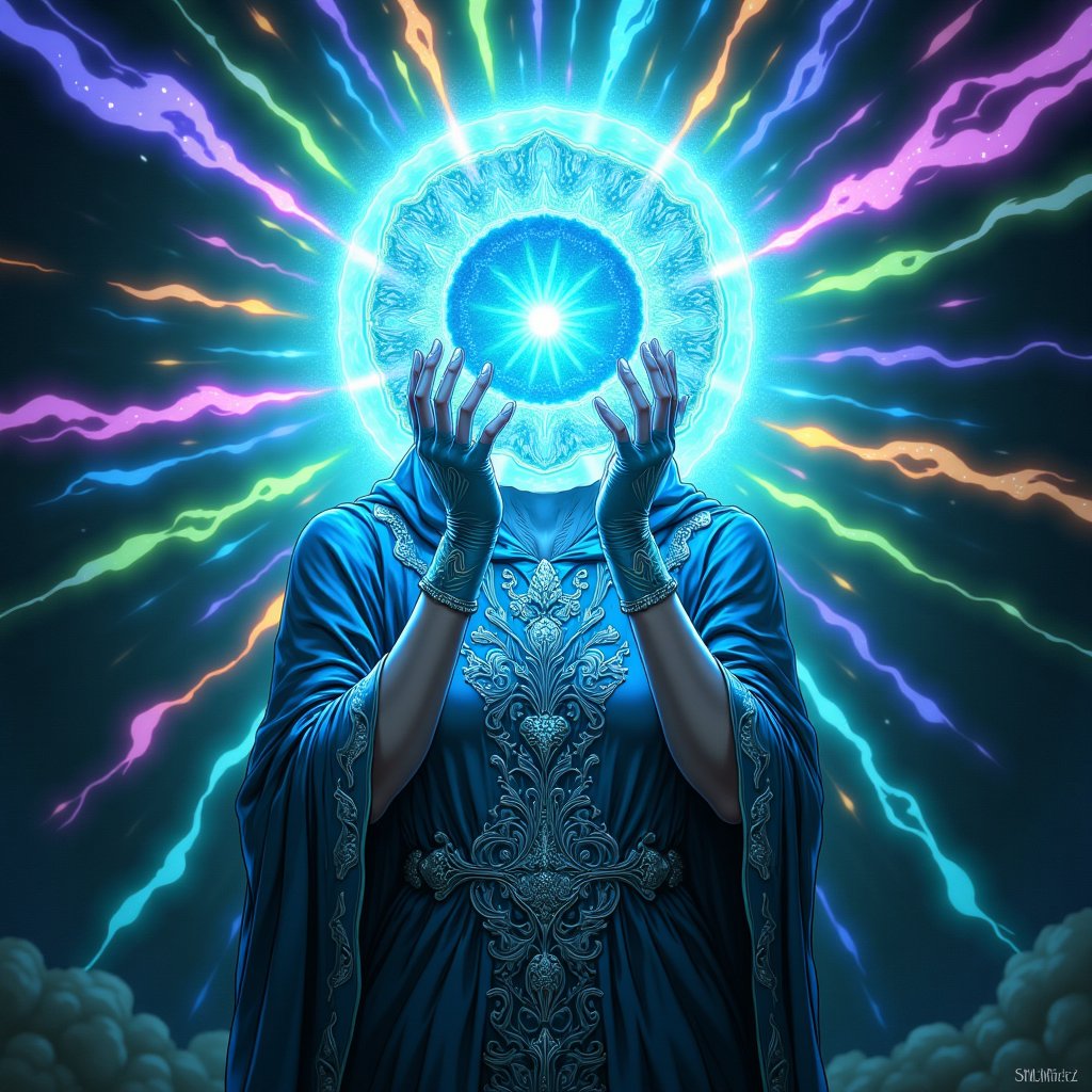 anime_martz, anime_style, anime source, paint of A mystical figure stands shrouded in a flowing ornate robe with intricate ethereal patterns in shades of turquoise and deep blue, reminiscent of celestial artwork. The figureâ€™s face is obscured by an iridescent geode-like disc with layers of crystalline formations, radiating light from a central glowing core. Their hands, wrapped in elegant, silky gloves, delicately hold the sides of the disc as if unveiling a portal to another dimension. The background features vibrant rays of multicolored light, forming a radiant halo behind the figure, enhancing the otherworldly, spiritual atmosphere. The scene has a surreal and transcendent feel, combining elements of sacred geometry, metaphysical energy, and cosmic symbolism. The lighting emphasizes soft glows and shadows, adding to the sense of mysticism and divine presence. <lora:anime_martzv2:1.0>