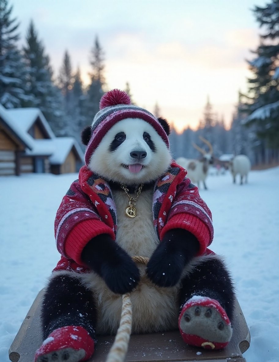 The image is a high-resolution photograph of a baby panda named Huahua, depicted enjoying a leisurely vacation in Finland. Huahua has her distinctive black and white fur, and she is dressed in cozy winter attire, including a snug parka, woolen mittens, and a knit hat with a pom-pom on top. The outfit is detailed with bright colors and patterns, adding to the festive, holiday feel.Huahua's round, chubby body is covered in thick, soft fur, with black patches around her ears, eyes, and legs. Her expression is one of joy and relaxation, with a wide smile and sparkling eyes as she takes in the beautiful Finnish scenery. She is pictured sitting in a traditional Finnish wooden sleigh, being pulled by a reindeer through the snowy landscape.The background features the stunning Finnish winter landscape, with snow-covered pine trees, cozy log cabins, and a pristine, frozen lake in the distance. The sky is clear and blue, with the soft glow of the Northern Lights visible on the horizon, adding a magical touch to the scene. The lighting is natural, with the winter sun casting a soft, warm glow over the snow, highlighting the details of Huahua’s fur and attire.The overall composition of the image focuses on Huahua, making her the primary subject and capturing the unique and whimsical nature of a panda on a relaxing winter vacation in Finland, blending her cute appearance with the serene and beautiful backdrop of the Finnish winter wonderland.,huahua, <lora:huahua_panda_Flux_V1-000002:1>