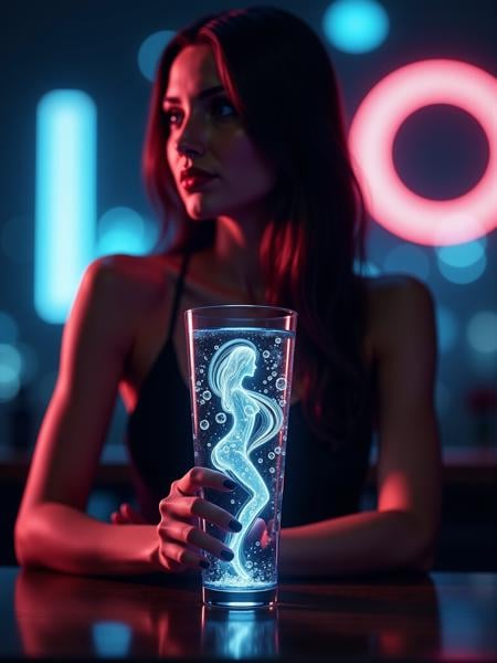 mad-sprklngtr,  woman sitting in a bar holding a glass filled water and swirling bubbles in the shape of a man by Andarkan...