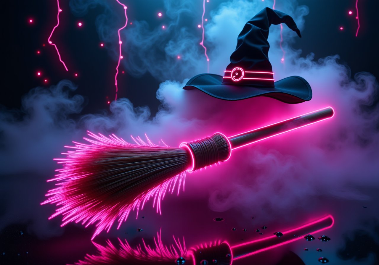 cyberpunk_halloween, A neon light cyberpunk broom glowing with bright neon lights, floating through the mist. The broom’s glowing outline adds a spooky, high-tech touch to the scene, digital background with fog, witch's hat on top of the broom