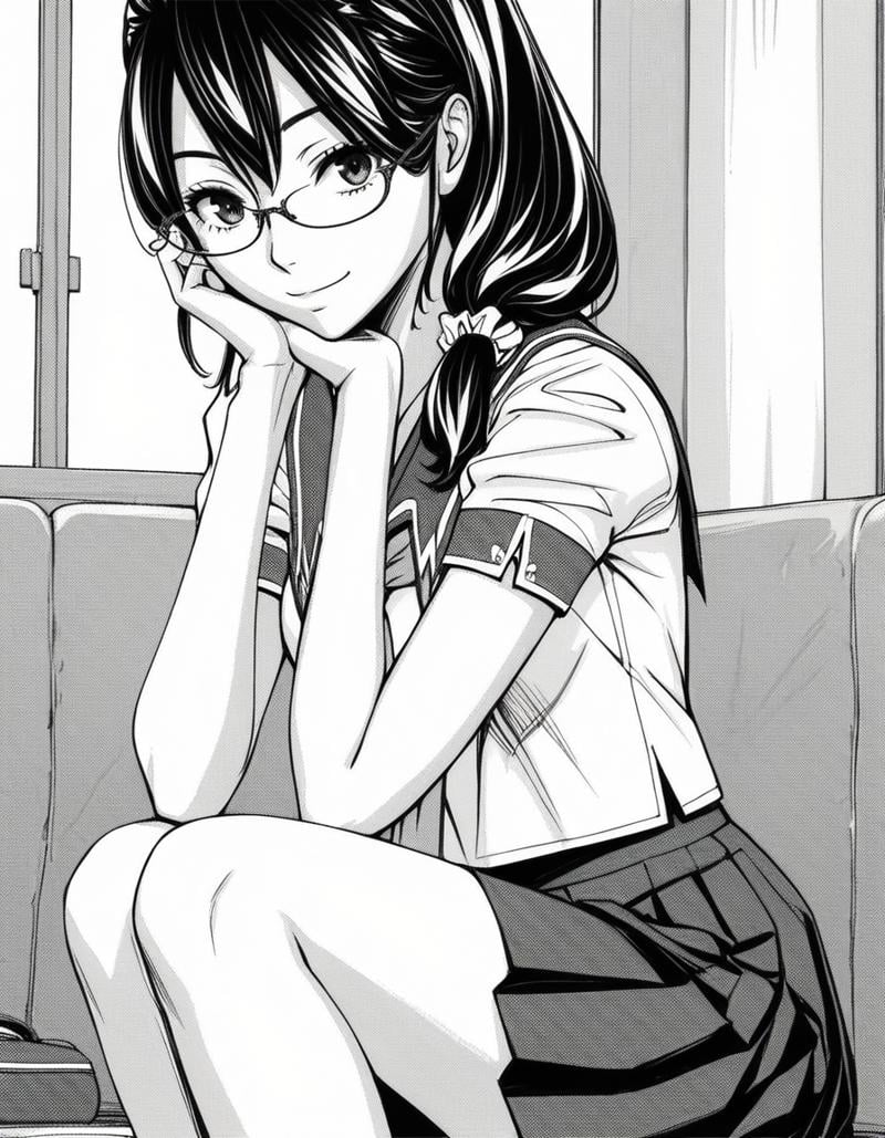 score_9, score_8_up, score_7_up, source_anime, <lora:mika-hayashi-manga-ponyxl-lora-nochekaiser:1>, mika hayashi, glasses, black hair, long hair, hair over shoulder, scrunchie, monochrome, greyscale,, skirt, school uniform, pleated skirt, serafuku, neckerchief,, indoors, smile, looking at viewer, solo, sitting, head rest,, cowboy shot, dutch angle