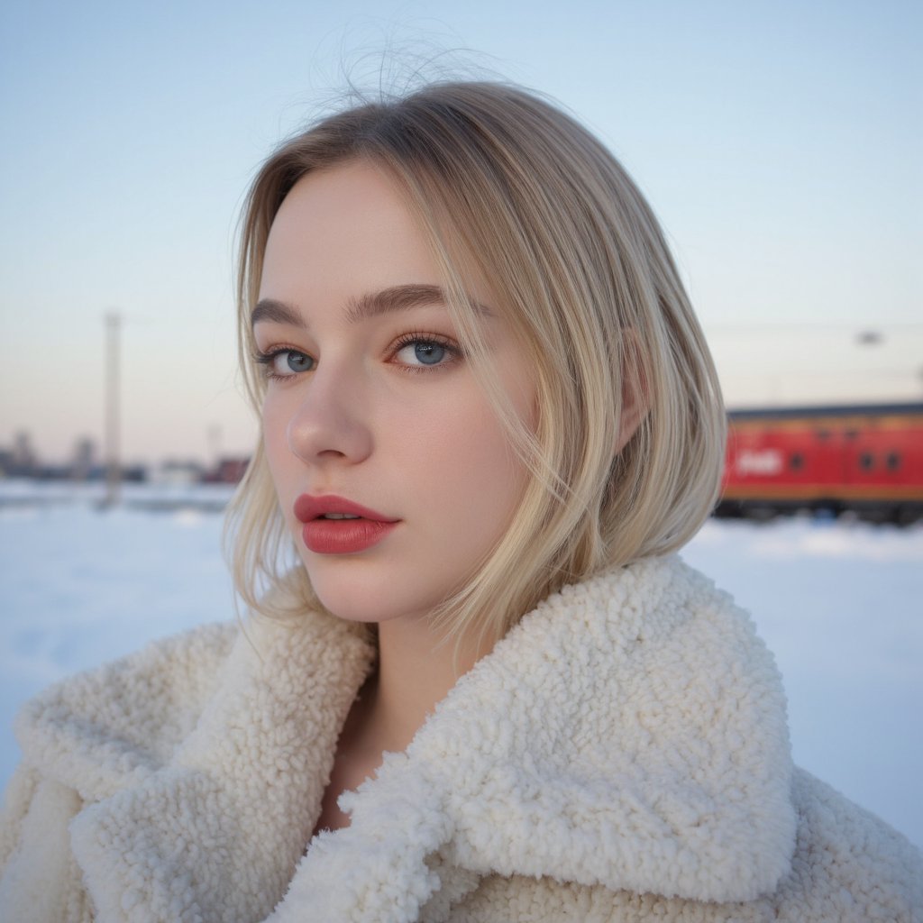 A portrait of dasha_taran with striking blue eyes and blonde hair, captured in a side profile. She wears a white, fluffy fur coat that reaches her shoulders. Her striking red lipstick contrasts with her pale skin. The background is a snowy landscape with a red train visible in the distance. The sky is a soft blue, indicating either early morning or late afternoon. The image style is dramatic and evocative, emphasizing the woman's facial features and clothing.