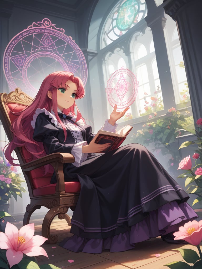 score_9, score_8_up, score_8,Solo, 2.5d, highly detailed, intricate, beautiful aesthetic, anime artwork,vibrant, extreme contrast, raytracing, dark colors, edgy, gothic,magic circle, magic array,starfire, teantitans, reddish pink hair, long hair, purple long dress with golden details, rocking chair, reading a book, flower garden, falling flowers,expressive,