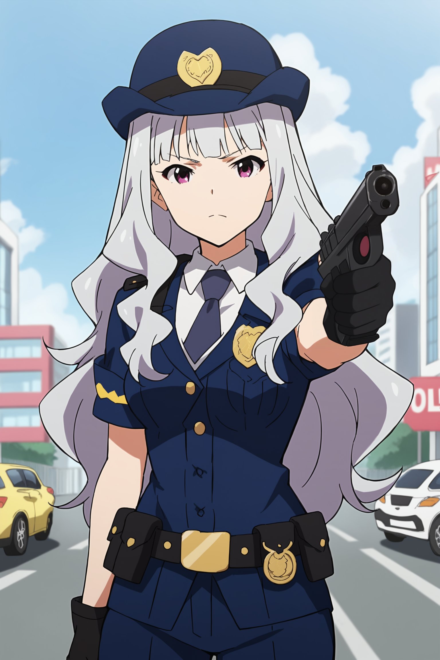 score_9, score_8_up, score_7_up, source_anime, outside, next to a police station<lora:Takane_Shijou_The_iDOLMSTER_2011_anime_art_style:.8>1girl, solo, grey hair, long hair, purple eyes, breasts, Takane police outfit | police uniform, police, hat, necktie, policewoman, glovescowboy shot, looking at the viewer, serious look, girl holding a gun, girl pointing a gun at the viewer