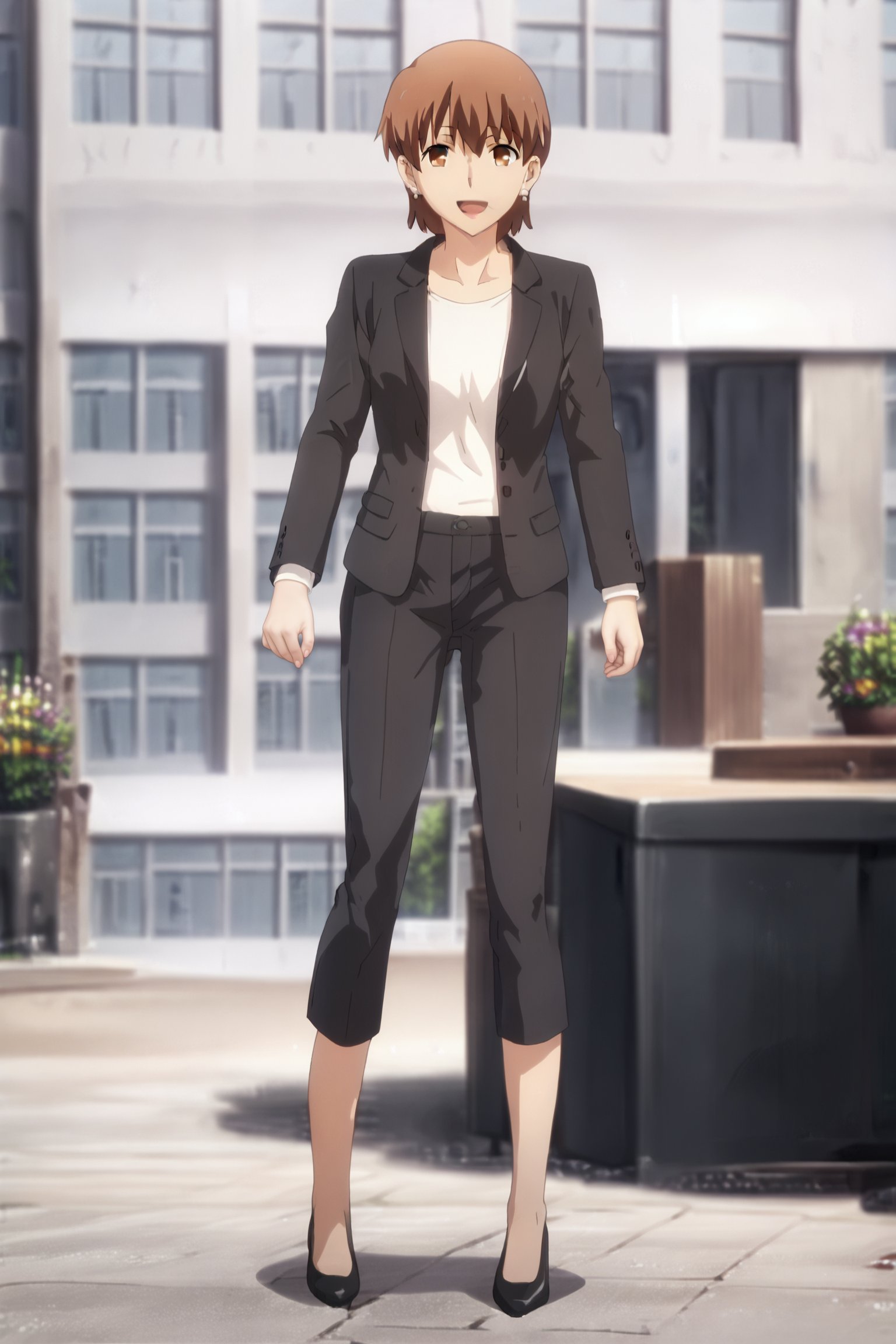 score_9, score_8_up, score_7_up, source_anime, official anime artwork, anime screencap, masterpiece,outside, next to an office building,<lora:Taiga_Fujimura:1>1girl, solo, brown hair, short hair, jewelry earrings, Formal, suit, white shirtfull body shot, looking at the viewer, happy girl, mouth open, smiling