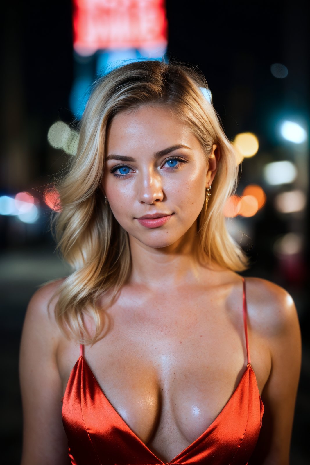 RAW uhd closeup portrait photo of a 24-year-old blonde (blue-eyed woman) walking down a dark alleyway, natural breasts_b, nighttime city background, (red sundress), (cleavage), detailed (textures!, hair!, shine, color!!, imperfections:1.1), highly detailed glossy eyes, (looking at the camera), specular lighting, dslr, ultra quality, sharp focus, tack sharp, dof, film grain, (centered), Fujifilm XT3, crystal clear, center of frame, cute face, street lamp, neon lights, bokeh, (dimly lit), low key, at night, (night sky)