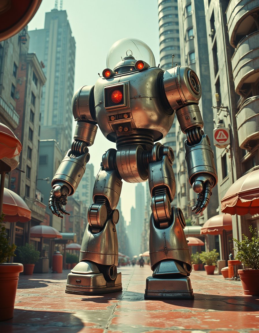 Vintage Sci-fi . At the entrance of a shiny, chrome building in a retro-futuristic city, a towering robot with a glass dome for a head and glowing red eyes stands guard, its claw-like hands poised to defend<lora:Vintage_Sci-fi_Movie:0.7>