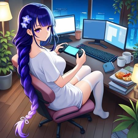 masterpiece, best quality, high resolution, absurdres,uncensored, raiden shogun, 1girl, long hair, purple hair, thighhighs, looking at viewer, braid, purple eyes, cup, braided ponytail, lamp, monitor, computer, white thighhighs, sitting, indoors, solo, headphones, very long hair, plant, bangs, keyboard \(computer\), hair ornament, looking back, chair, holding, breasts, no shoes, single braid, potted plant, contemporary, flower, alternate costume, controller, shirt, book, food, phone, laptop, table, holding controller, from above, white shirt, blunt bangs, holding game controller, window, hair flower, mug, dress, night, full body, mouse \(computer\)