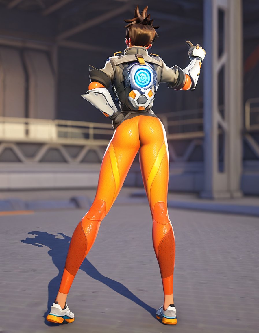 1girl (1.00), tracer (overwatch) (1.00), orange goggles (0.98), solo (0.98), ass (0.98), goggles (0.97), brown hair (0.97), orange bodysuit (0.95), bodysuit (0.95), bomber jacket (0.95), spiked hair (0.94), short hair (0.91), from behind (0.85), grey background (0.80), hand on own hip (0.80), jacket (0.76), tight clothes (0.73), gloves (0.73), skin tight (0.71), cross-laced legwear (0.69), tight pants (0.67), harness (0.64), union jack (0.61), thumbs up (0.53), cross-laced clothes (0.49), vambraces (0.47), sleeves rolled up (0.46), thighs (0.44), Tracer, <lora:Tracer:0.8>