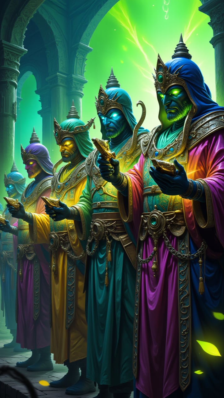 Game art, a vibrant and intricate video game artwork depicts a group of players dressed in traditional R&D attire, each holding an artifact. The colors are bold and vivid, with shades of green, blue, aidmasoftglow