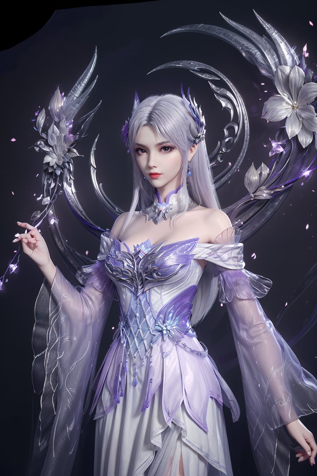 masterpiece,(best quality),light purple hair,official art,extremely detailed cg 8k wallpaper,(extremely delicate and beautiful),large breasts,solo,realistic,photo_\(medium\),cowboy shot,(chinese clothing,,solo,  see-through,wide sleeves, long sleeves,light purple gown,earrings,jewelry, detached sleeves,earrings,bare shoulders,solo,),adfxx0.75NOST4,1girl,long hair,hair ornament,flower garland,white hair,jewelry,<lora:yixian_douzun_2.0:0.7>,adfxx,