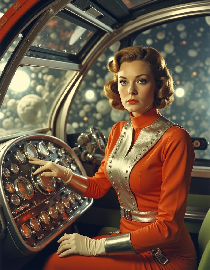 Vintage Sci-fi . Wearing a futuristic yet retro uniform, a woman confidently steers her gleaming chrome spacecraft through a dense field of asteroids <lora:Vintage_Sci-fi_Movie:0.7>