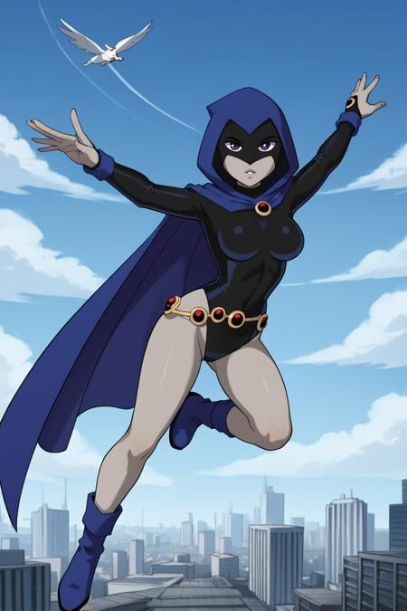 PonyXLV6_Scores BREAK (((parody, anime coloring)), perfect anatomy, perfect eyes) BREAK <lora:Raven:0.8> rachel roth, colored skin, grey skin, purple eyes, ((looking at viewer)), black leotard, hood, cape, belt, boots, curvy, toned, athletic, flying, floating, in air, city skyline, outdoors