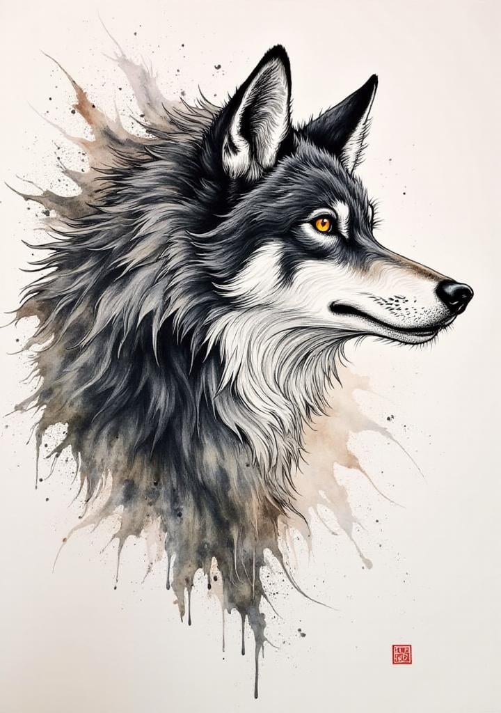 inksplat,  traditional media,  ink manga watercolor of a wolf by loraonlyguy on Tensor.Art
