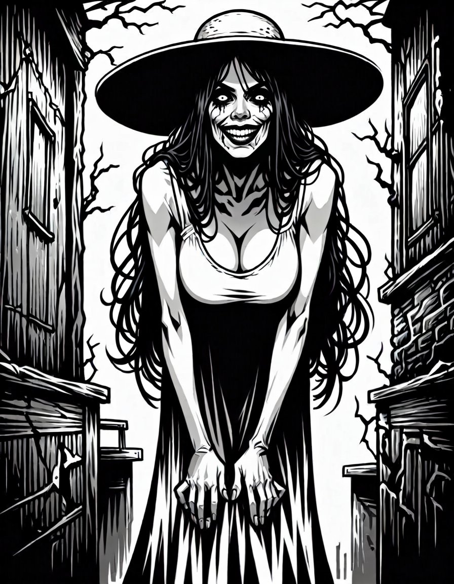 score_9, score_8_up, score_7_up,  <lora:Clean Sketch (J) style:1> monochrome, solo,  1girl, mature, very long hair, black hair, pitch black eyes, black sclera, sundress, sunhat,large breasts, (very tall), pale skin, fingernails, runny makeup, black lips,, creepy, horror, leaning forward, looking at viewer, wide grin sharp teeth, cracked skin, cracked lips,, in street, night, from below,