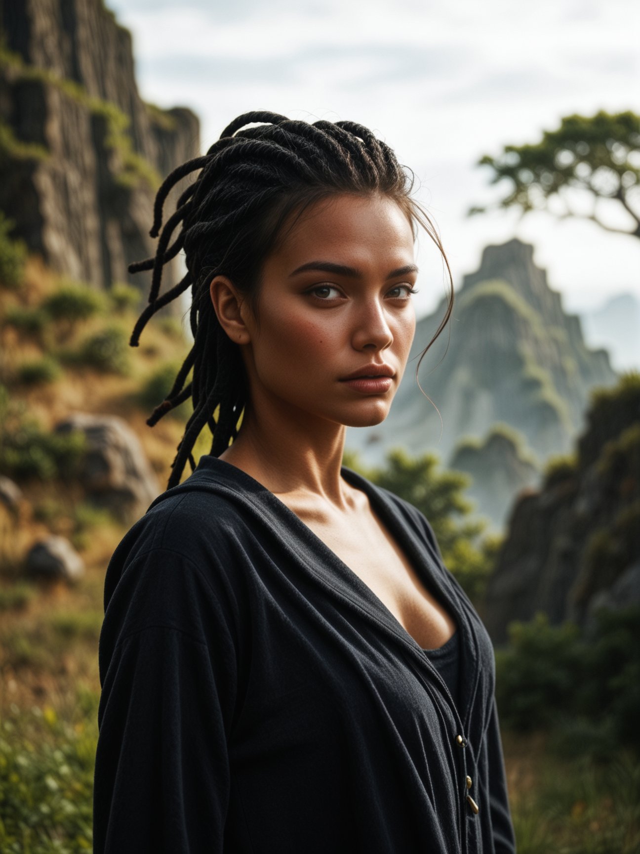 a cinematic bust portrait of a beautiful woman from left head and chest only,  Dreadlocks,  Red by TiwazM on Tensor.Art