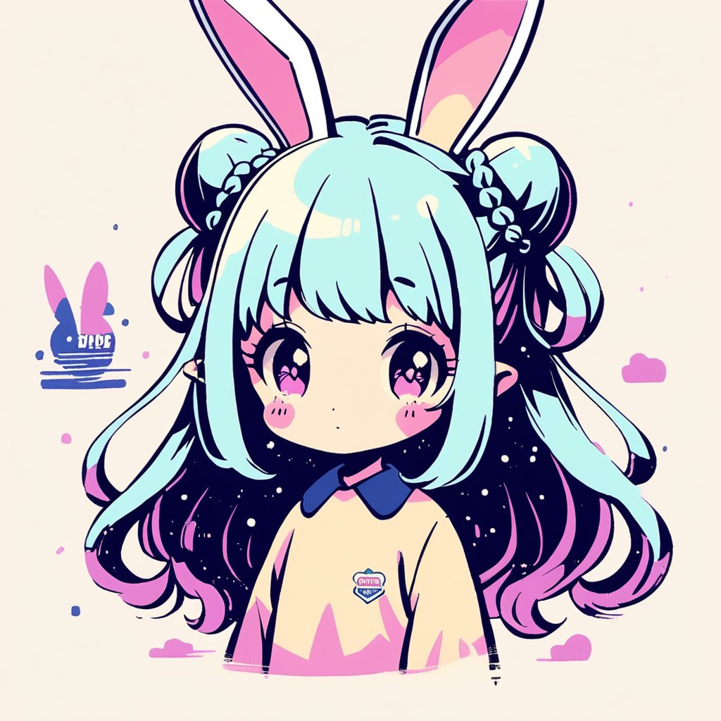 simple retro design, logo style, manga style, 2tonerabbit ears,double bun,braided bun,wavy long hair,child,short pointy_ears,