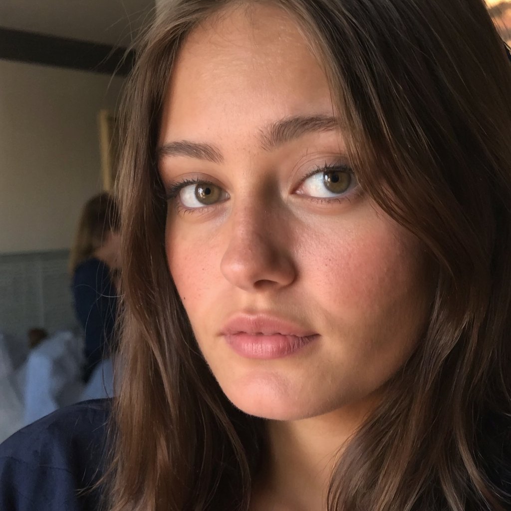 A portrait of ella_purnell with striking blue eyes and long, straight brown hair. She is captured in a side profile, looking directly at the camera with a contemplative expression. The background is blurred, emphasizing the subject, and the lighting casts a soft, warm glow on her face and hair. The woman wears a dark-colored top, contrasting with the lighter background. The image conveys a serene and introspective mood.