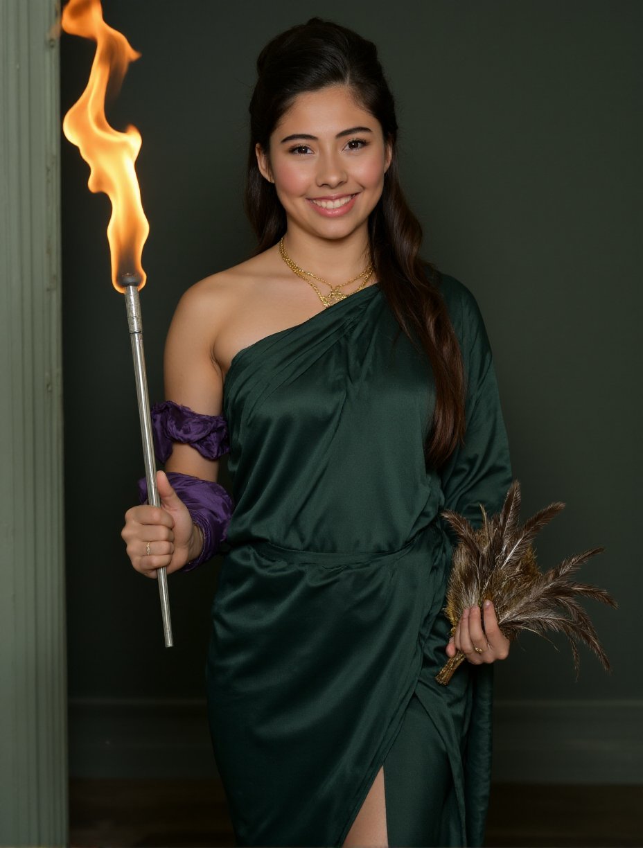 The image is a photograph featuring a woman in a classical, historical setting. She is dressed in a green, draped garment reminiscent of ancient Greek or Roman attire, with a purple undergarment visible. Her hair is styled in an elaborate updo, with a thick, dark brown braid cascading over her right shoulder. She holds a bundle of feathers in her right hand, which are intricately woven and possibly symbolic.The woman's expression is composed and confident, with a slight smile. Her skin is fair, and she has a natural makeup look with a subtle, dark pink lipstick. Her eyes are a striking blue, adding to her regal appearance.In the background, there is a muted, textured green wall that contrasts with the bright flame of a torch held in her left hand. The flame is vividly orange and yellow, with a hint of blue at the base, casting a warm glow on her face and the surrounding area.The overall style of the image is dramatic and theatrical, suggesting a historical or fantasy narrative. The lighting is soft and even, highlighting the details of her attire and the flame. The photograph captures a moment of strength and elegance in a timeless, mythical context.,Xochitl Gomez,<lora:Xochitl_Gomez:1>