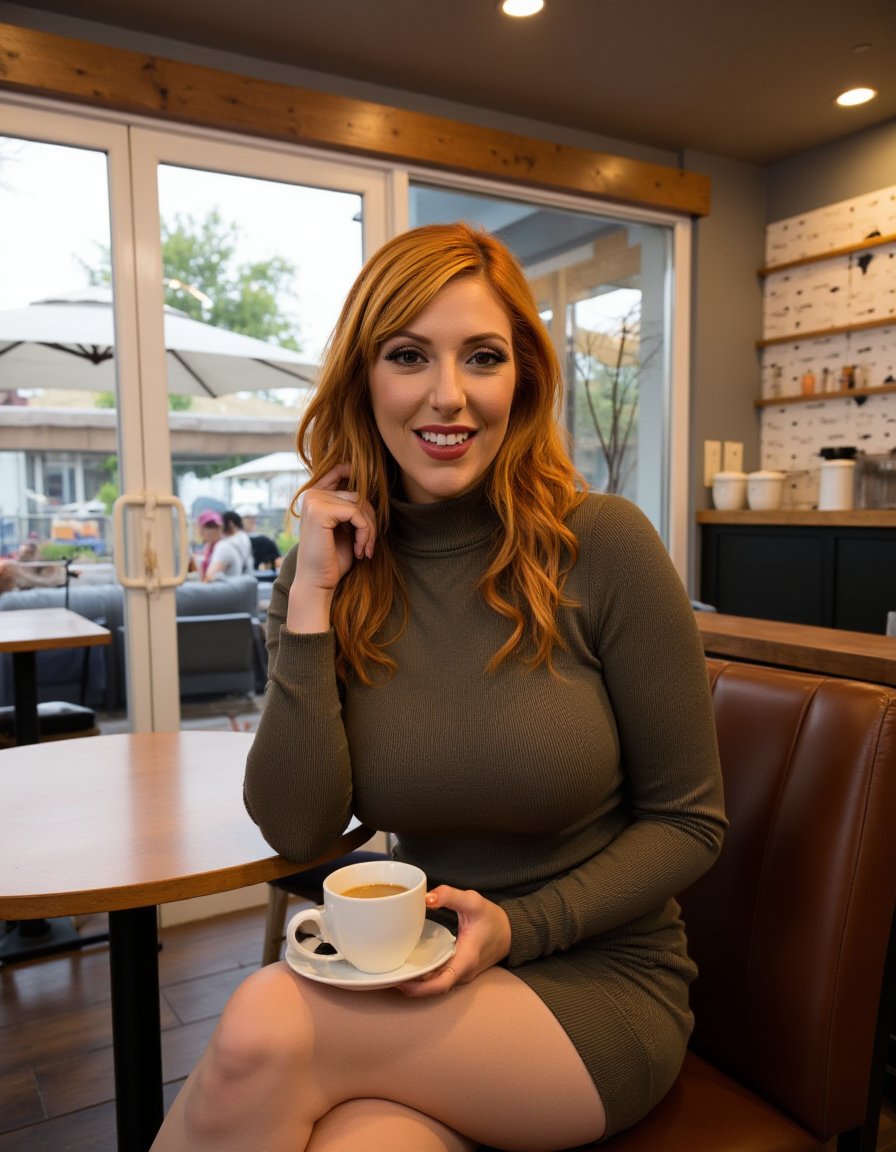 <lora:Lauren_Phillips_Flux:1>  realistic photo of  laurenphillips, large breasts, wearing a turtleneck sweater dress,  sitting in a cafe having a coffee, smiling, looking at viewer.    