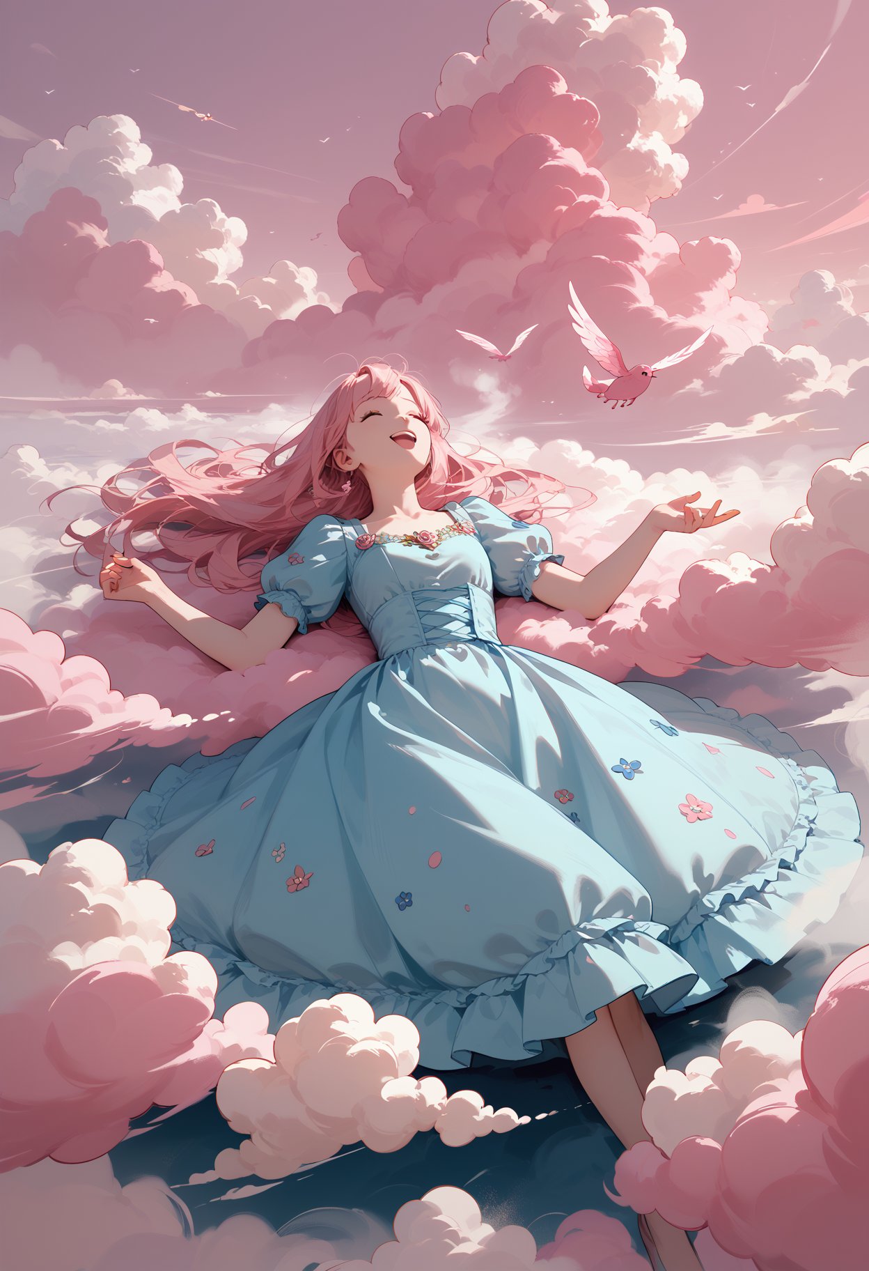 score_9,score_8_up,score_7_up,masterpiece,best quality,8k,the wind is blowing,pink clouds diffuse in the air,there are charming spots of light in the air,girl wearing a lovely dress happy lying on the clouds,fog,air fluctuation,from_above,thoracic focus,