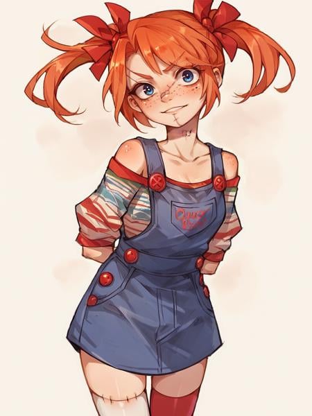 score_9, score_8_up, score_7_up, score_6_up, score_5_up,  <lora:FemChuckyXLP:0.8> femchucky, 1girl, solo, twintails, blue eyes, thighhighs, overalls, orange hair, freckles, stitches