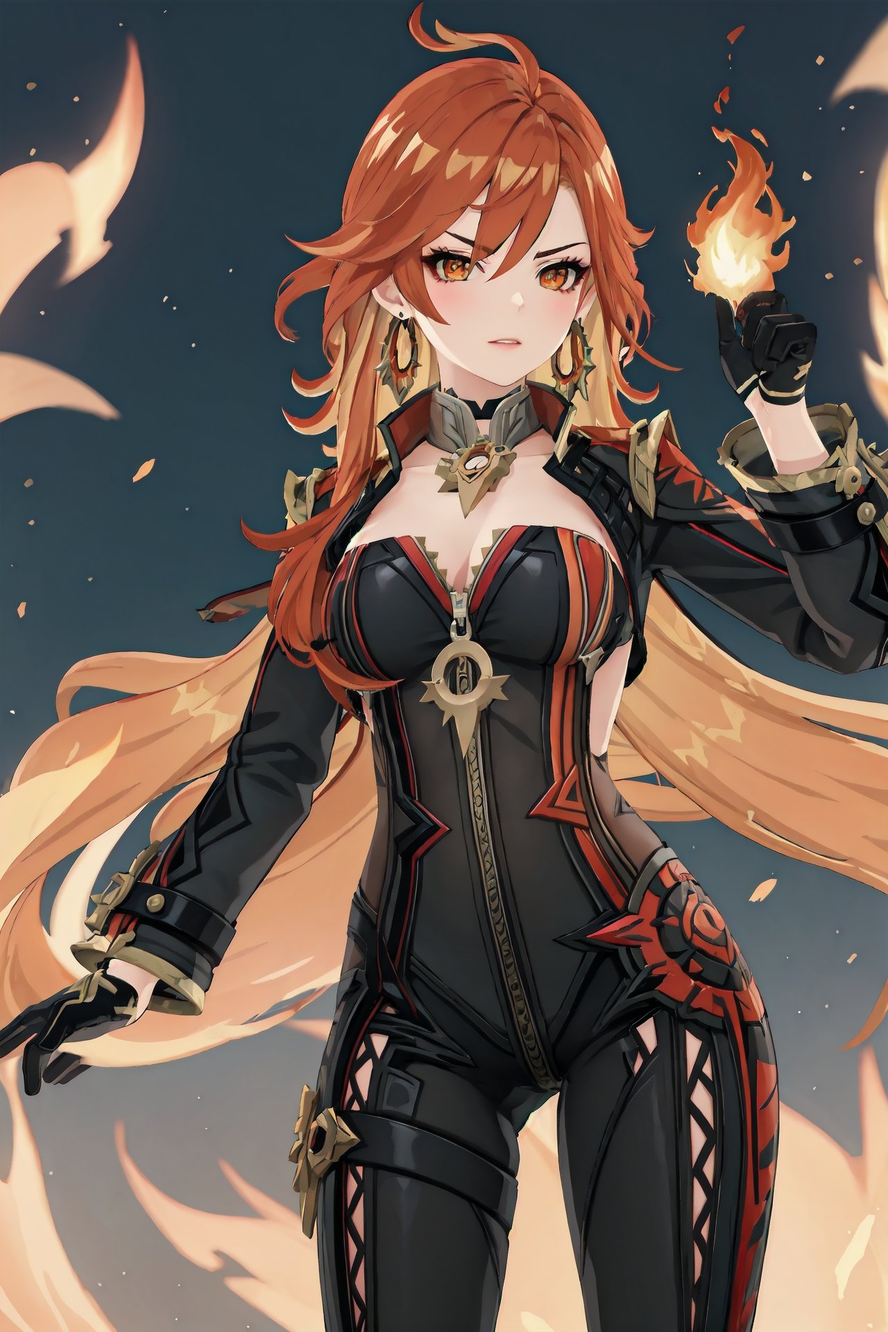 1girl, mavuika \(genshin impact\), earrings, black bikesuit, black gloves, shrug \(clothing\), metal collar, depth of field, cowboy shot, fire, combat pose, incoming attack, glaring, looking at viewer