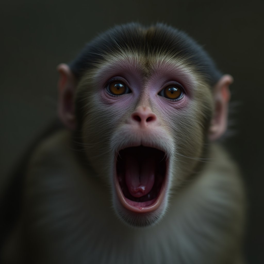 cinematic film still of  <lora:facial expression style v2:1>surprised facial expression of a surprised monkey with its mouth open and its tongue out, movie themed, sharp, detailed skin, epic cinematic photography, artistic, creative, wrinkly face, dramatic lighting style, cinematic color style, Kodak film style, skin pore, emotional style, gustier style, facial expression style, surprised facial style, solo, open mouth, simple background, closed mouth, blurry, no humans, animal, cat, meme, realistic, animal focus, brown eyes, blurry background, depth of field, portrait, photorealistic, close-up, shallow depth of field, vignette, highly detailed, high budget, bokeh, cinemascope, moody, epic, gorgeous, film grain, grainy