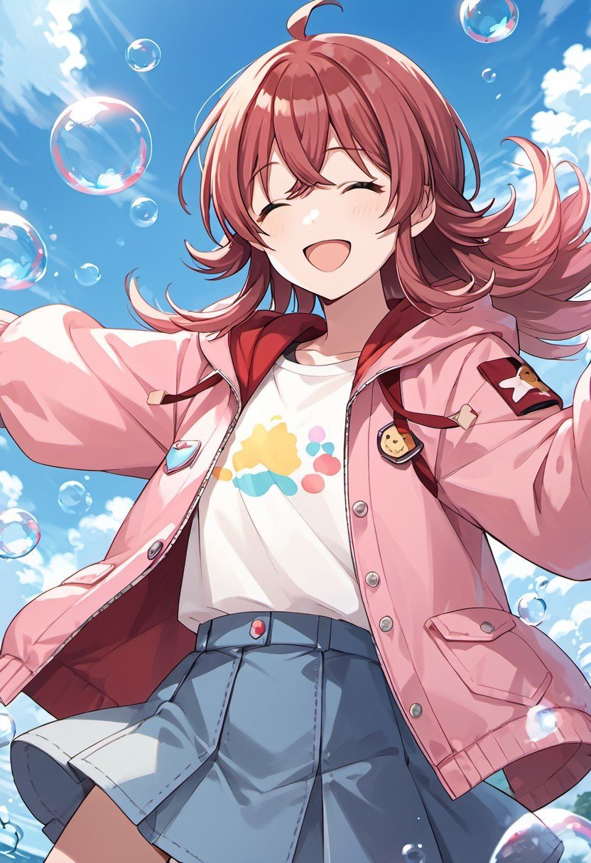 score_9, score_8_up, score_7_up, source_anime,komiya kaho, red hair, long hair, red eyes, 1girl, outdoors, solo, ahoge, closed eyes, skirt, bubble, smile, jacket, pink jacket, open mouth, sky, hood, shirt