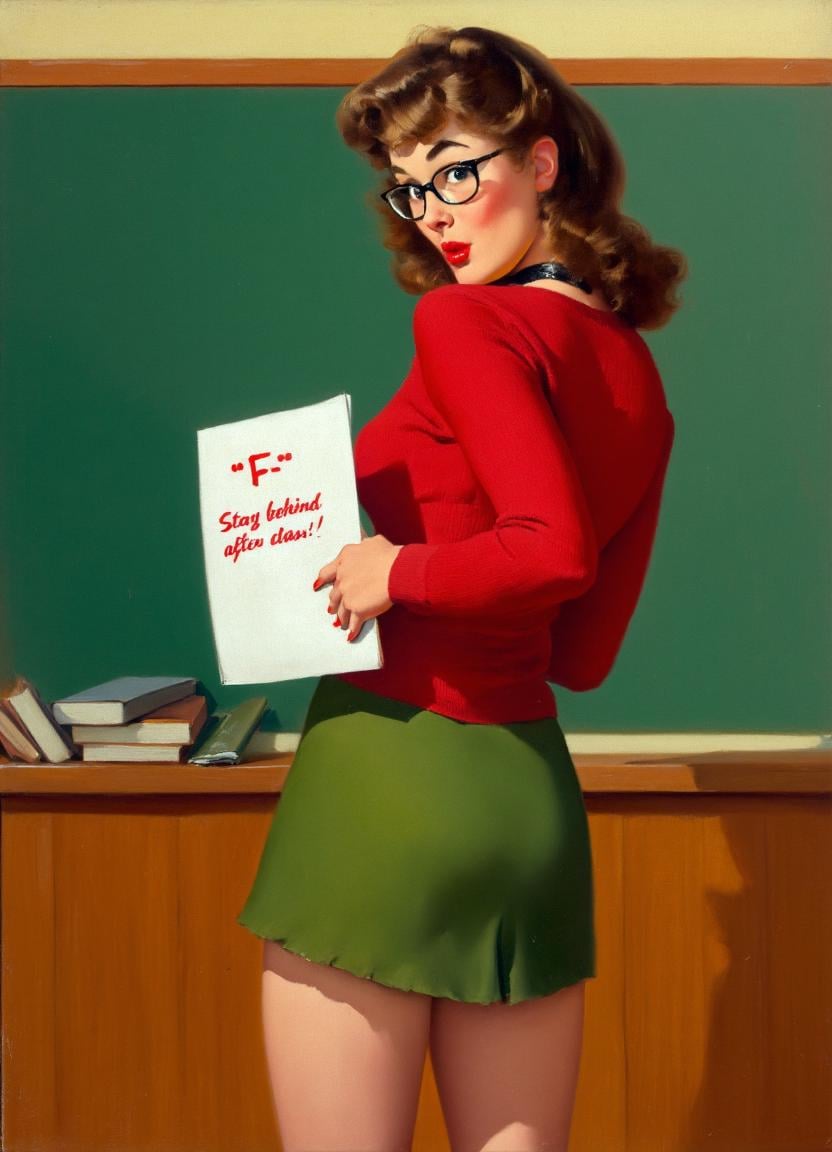 A realistic,  high-resolution painting by Gil Elvgren. The image is of a female teacher standing in a class room. She is l...