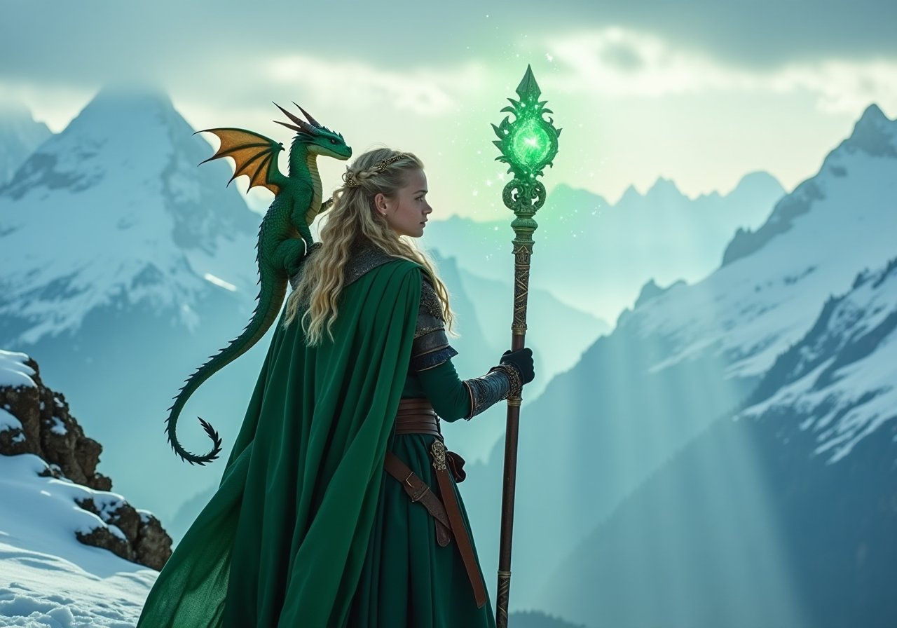 In a realm where magic weaves through the air like whispers, a 19-year-old girl named thomasinara stands atop the snowy mountain peak, With her enchanted staff, she conjures spells that shimmer with ethereal light. Perched on her shoulder is her loyal companion, a child dragon named Drogon, whose scales glisten like emeralds. Together, they navigate the mystical landscapes, their bond unbreakable. In this fantastical world, she is both warrior and protector, a symbol of courage and magic intertwined.polishswordsman