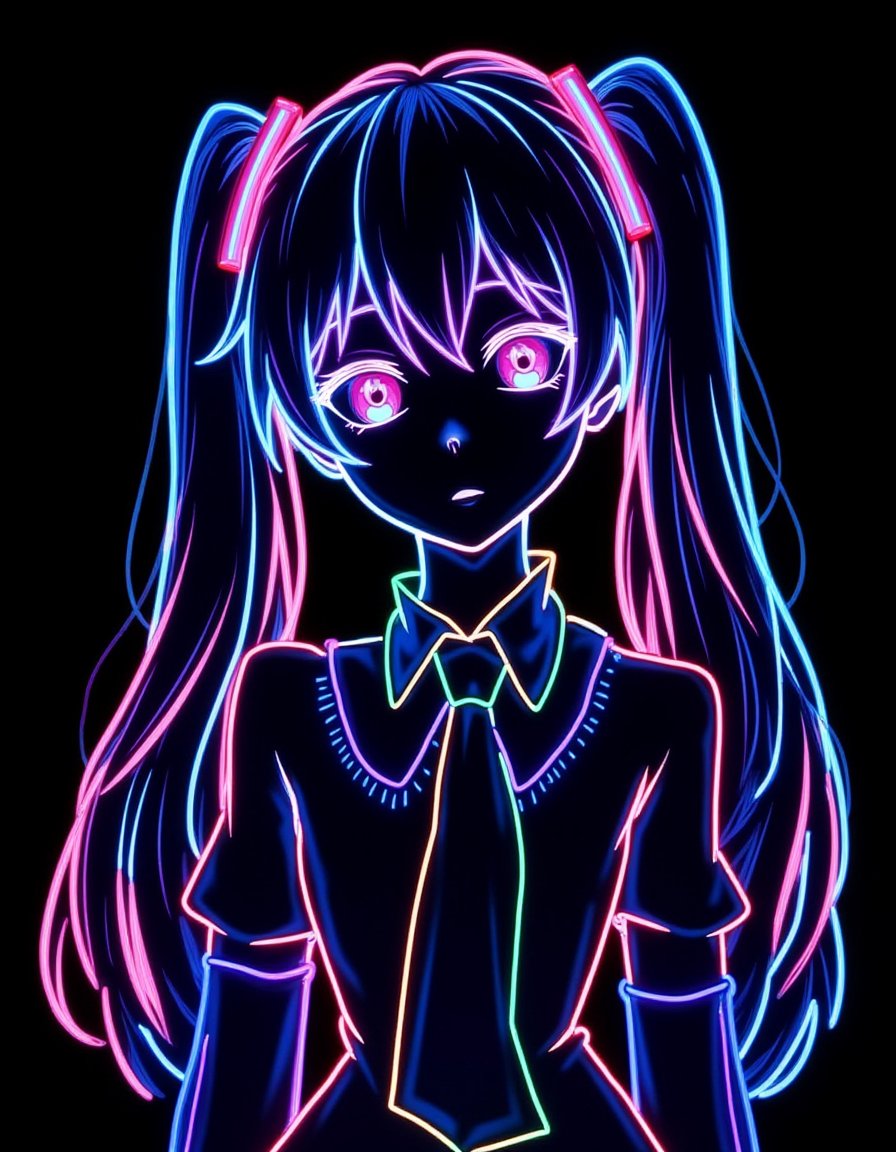 Hatsune Miku,limited palette,black background,colorful,vibrant,glowing outline,neon,blacklight,looking at viewer,masterpiece,very aesthetic,