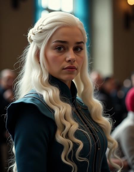 <lora:GOTemiliaClarkeQuiron_FLUX:1.7> GOTemiliaclarkeQuiron, a woman with white hair, Emilia clarke as Daenerys targaryen in hbo's 'game of thrones',   Attending meetings or appointments 