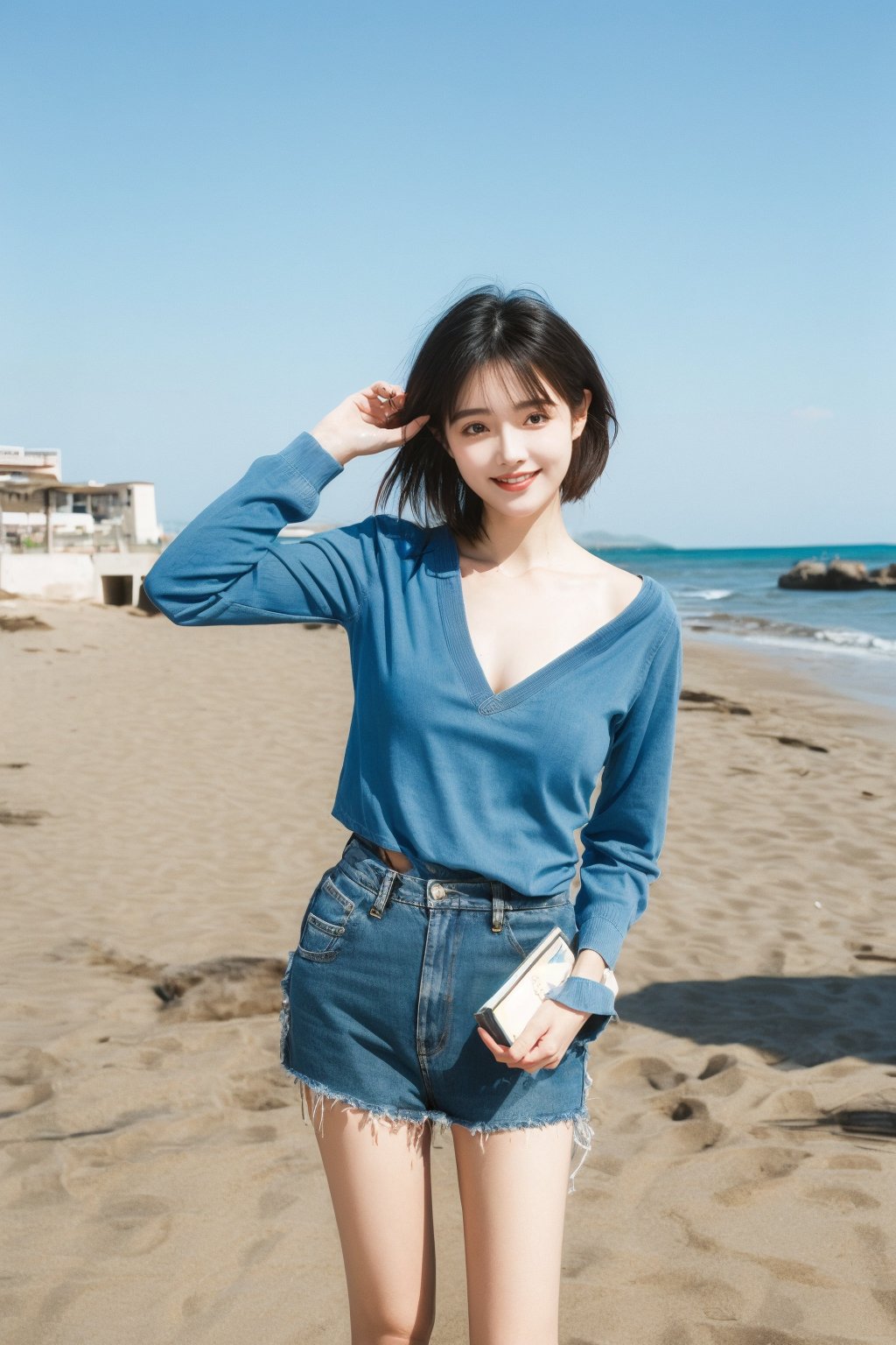 woman, smiling, Asian ethnicity, beach setting, daytime, casual clothing, denim skirt, blue long-sleeve top, trees, sand, clear sky, sunshine, friendly pose, standing, young adult, medium-length hair, holding book, natural makeup, relaxed posture