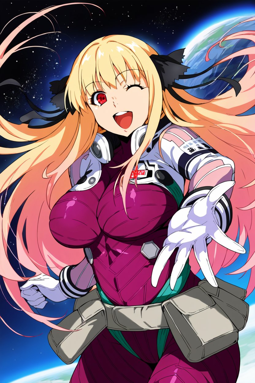 score_9, score_8_up, score_7_up, source_anime BREAK 1girl, solo, shatte_pilot_1, 1girl, solo, purple bodysuit, white gloves, belt, large breasts, blonde hair, gradient hair, pink hair, long hair, black hair ribbon, red eyes, looking at you, smile, one eye closed, open mouth, space background <lora:srw_shatte:0.9>