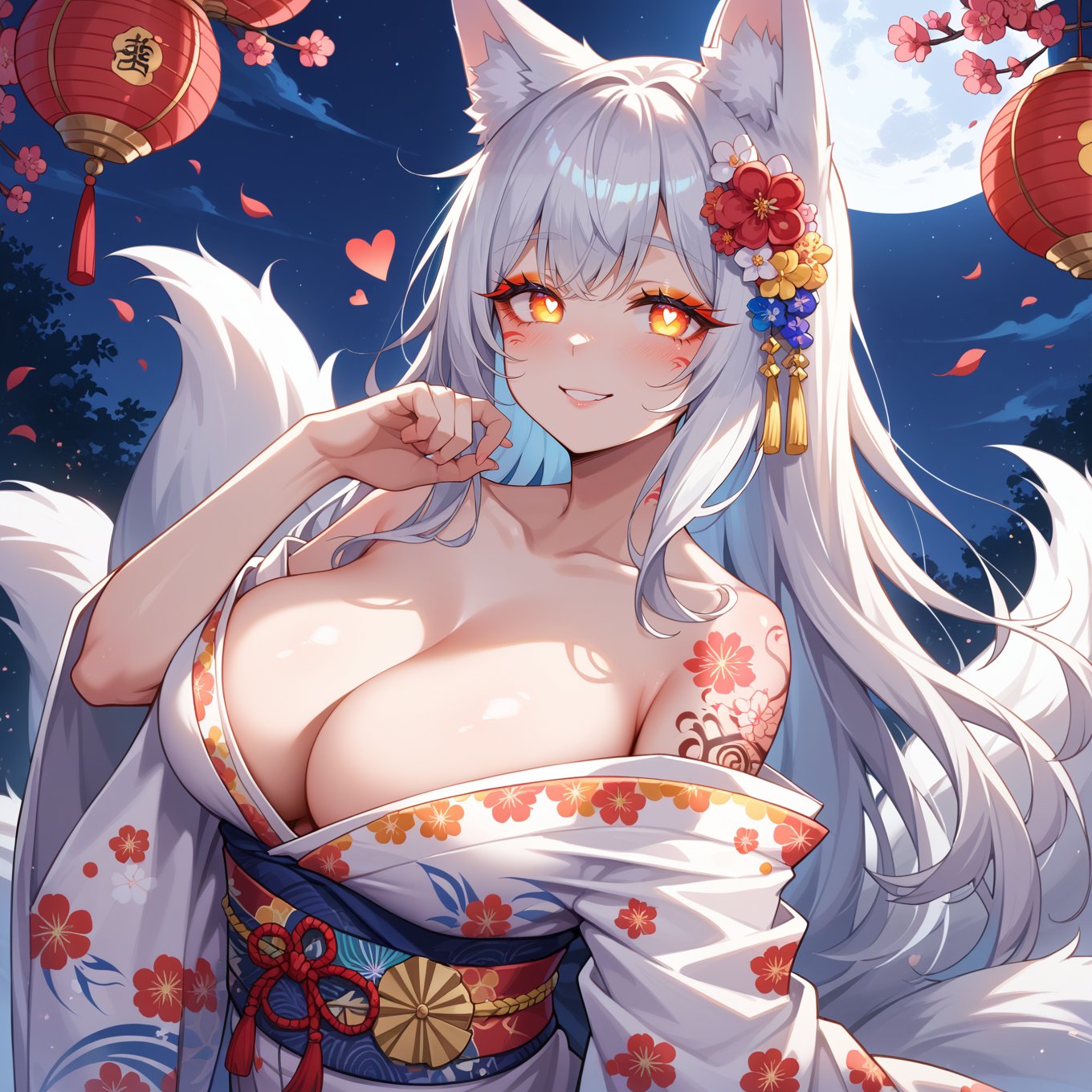 score_9, score_8_up, score_7_up, source_anime, 1girl, woman, kitsune girl, golden bands, blushing, heart, cowboy shot, beautiful face, thick eyelashes, glowing white eyes, fox ears, long flowy silver hair, cute smile, dark eyeshadow, glowing shoulders tattoos, glowing tattoos, floral decoration in hair, night time, shinning moon, blush, white floral kimono, large breasts, cleavage,japanese theme,