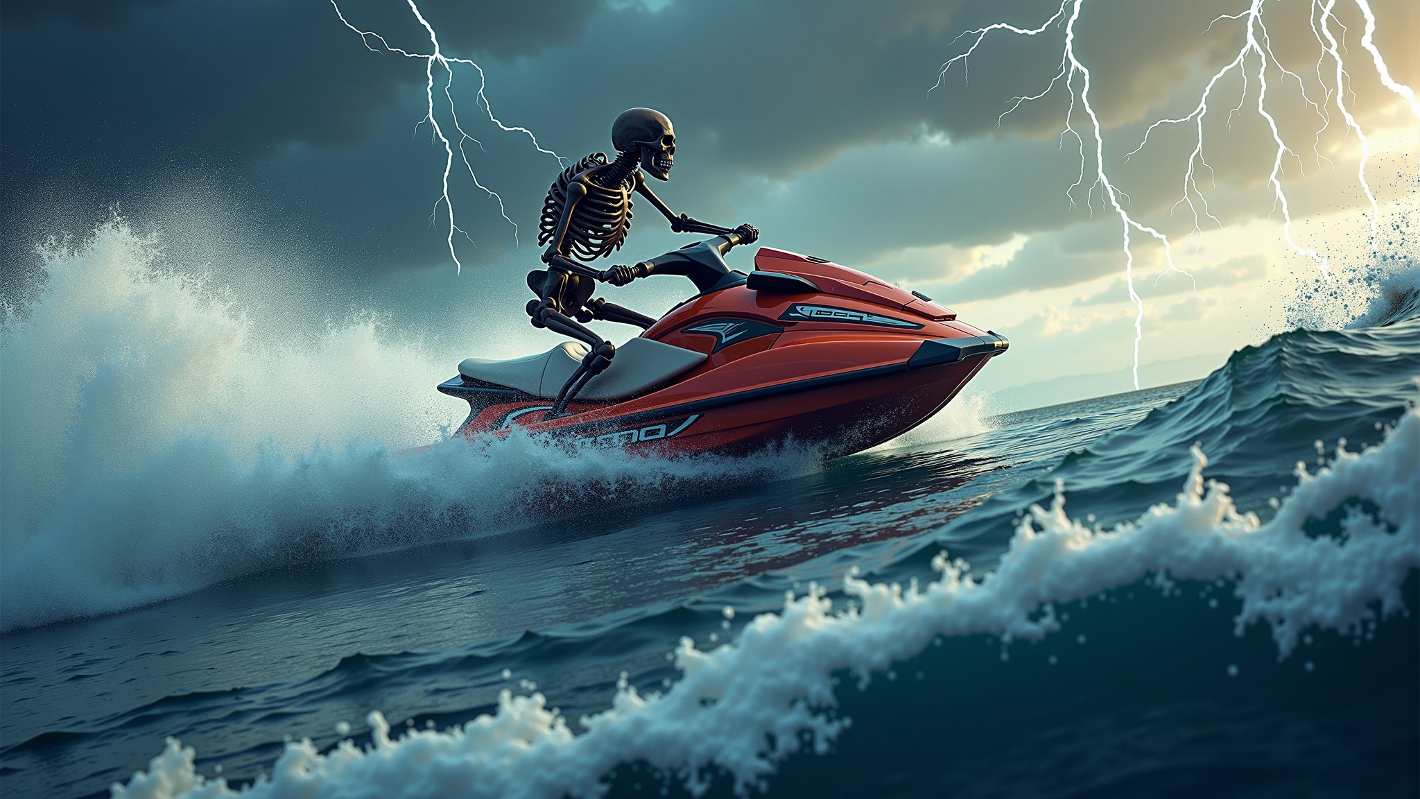 Skeleton on a jet ski jumping large ocean waves, Dark, lightning, stormy sea, abstract, 3d render, strong, insanely intricate details, Epic, Marbled effect, (masterpiece), (view from below), natures art work, UHD, Painstaking Attention To Details, Skeleton on a jet ski